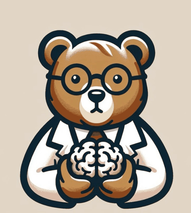 Teddy, la mascota de la app PSICOTEDDY: un oso psicólogo con lentes y bata sosteniendo un cerebro